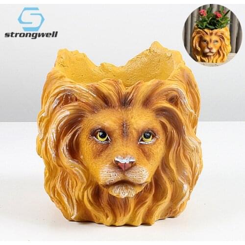 Strongwell Animal Lion Flower Pot Container Resin Lion Figurine Flowerpot Planter Pot Desktop Home Decoration Accessories Gift