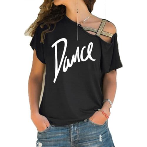 Women T-shirt Loose Slash Neck T Shirt Ladies Casual Letter Dance T-shirt Summer Casual Irregular Skew Cross Bandage Tops Tee