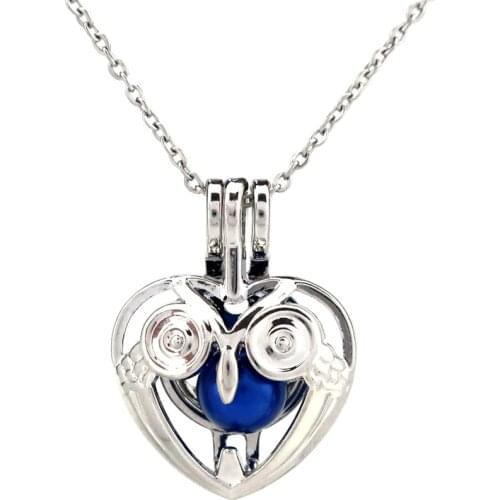 K808 Silver Owl Tie Beads Cage Pendant Pearl Aroma Essential Oil Diffuser Locket Necklace