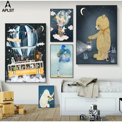 Nursery Canvas Print Poster Astronaut Balloon Spaceship Bear Elephant Giraffe Painting Cartoon Wall Pictures for Kids Baby Room