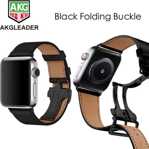 AKGLEADER For Apple Watch Series 5 4 40/44mm Series 3 2 Watchband Genunine Leather Wrist Strap Black Deployment Buckle Bracelet