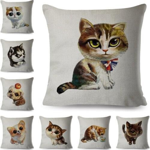 Cute Cartoon Cat Cushion Cover Decor Watercolor Pet Animal Dog Pillowcase for Sofa Home Children Room Polyester Pillow Case