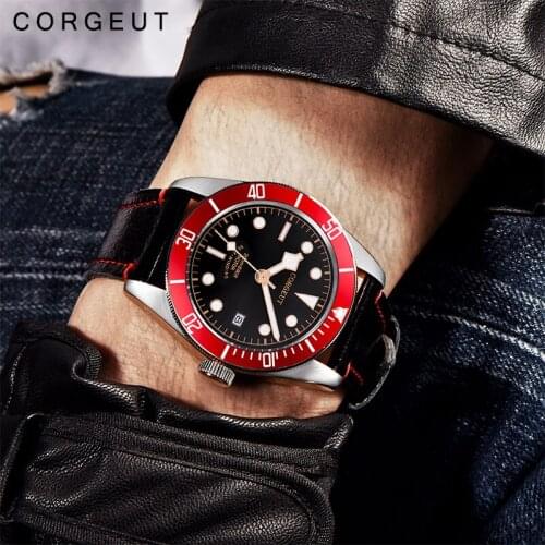 Corgeut 41mm Military Black Dial Mens Automatic Mechanical Watch Luxury Brand Sport Swim Clock Leather Mechanical Wrist Watches