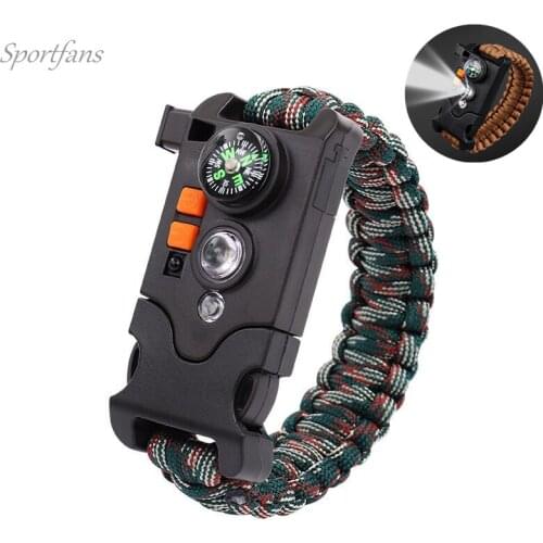 Survival Gear Kit with LED Light Emergency Knife Whistle Compass reflector Outdoor survive tools Camping Hiking Wristband