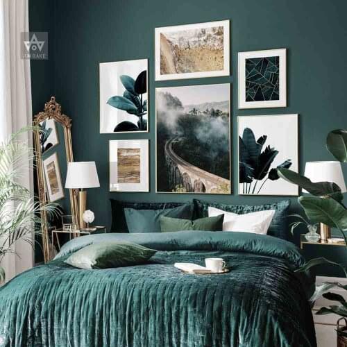 Wall Art Landscape Canvas Poster Nine Arch Bridge Foggy Forest Print Painting Deepteal Stone Decoration Monstera Leaf Picture