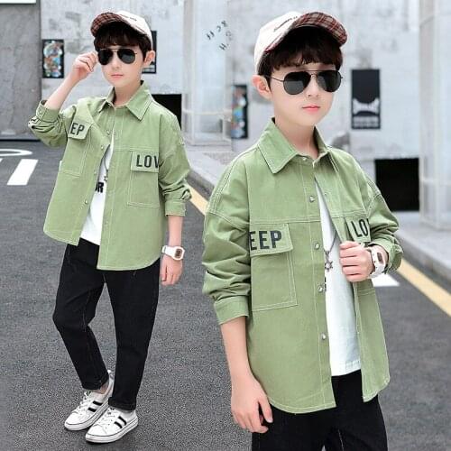 2020 Spring and Autumn New Style Childrenswear BOYS Korean-style Long Sleeve Pocket Lettered Shirt Fashion Middle and Large