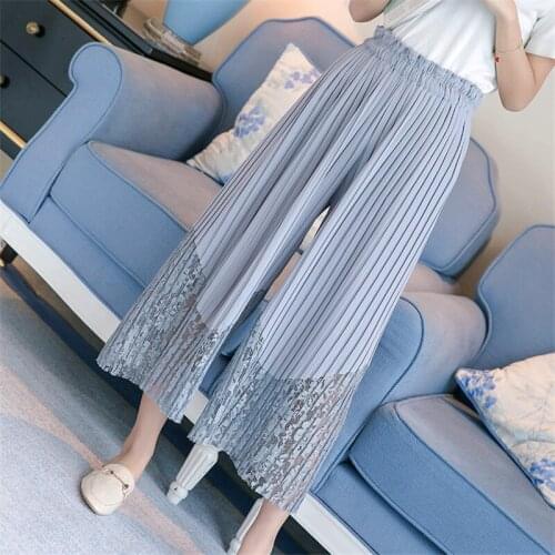 New Women Pleated Trousers Elastic High Waist Chiffon Pants Female Lace Patchwork Wide Leg Pants Ankle-Length Casual Pants S1415