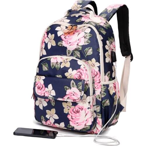 Wholesale School Backpack Floral Bookbag Teen Girls College Laptop Backpack with USB Charging Port Womens Daypack 30pcs/Lot