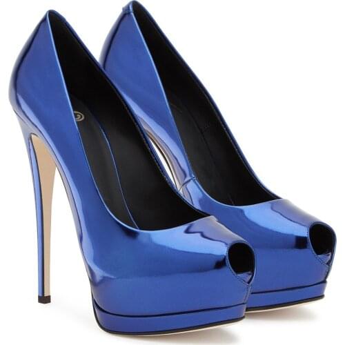 Fashion Platform 16cm Extreme High Heels Women Blue Heel T-show Shoe Peep Toe Patent Leather Women Pumps Party Wedding Shoe