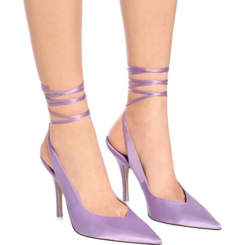 Sexy Candy Colors Silk Slingbacks Sandals Pointed Toe Stiletto Heels Runway Catwalk High Heel Bandage Lace Up Sandals Shoes