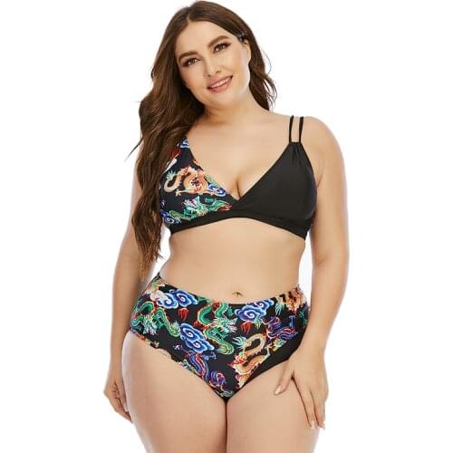 Women Plus Size High Waist Swimwear Vintage Print Tankini Maillot De Bain Larger Tankini Set Two Piece Bikini Fission Swimsuit
