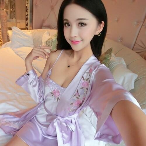 New Arrival 2016 womens Silk Robe Set High Quality Floral Bathrobe + Nightgown Two Pieces Female Nightwear Spring Style