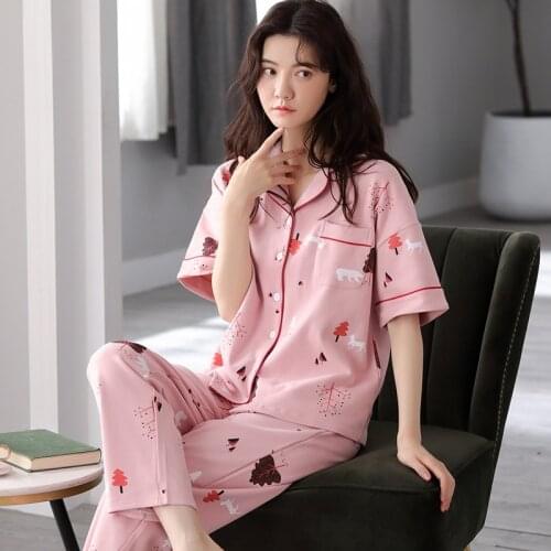 2021 Summer Short Sleeve Long Pants Cotton Print Pajama Set for Women Korean Sleepwear Suit Pyjama Homewear Pijama Mujer Clothes