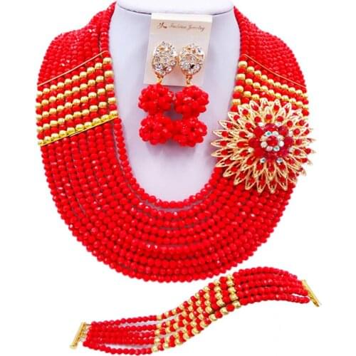 ACZUV Opaque Red African Jewelry Set Nigerian Beads Necklace 10C-2-2P-004