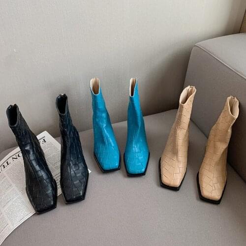 Fashion Women Ankle Boots Square Toe Black Beige Blue Side Zipper Weave Design Thick Mid Heels Short Booties Winter Shoes Woman