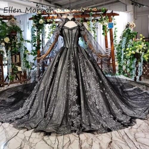 Black Glittter Ball Gowns Wedding Dresses for Women 2020 Saudi Arabia Vintage Lace Online Shopping India Bridal with Cape