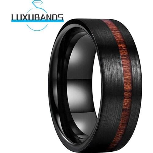 Black 8MM Tungsten Carbide Rings For Womens Mens Offset Line Wood Inlay Engagement Bands Brushed Finished Comfort Fit