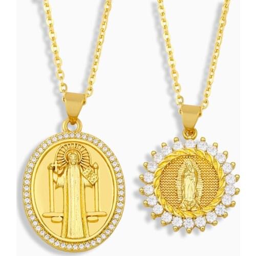 FLOLA Gold Virgin Mary Necklace For Women Catholic Oval Jesus Pendant Necklace CZ Protect Jewelry virgen de guadalupe nkeu98