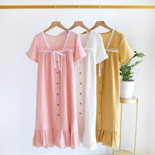 Summer Night Dress for Women Pure Cotton Crepe Sleep Skirt Short Sleeve Nightgown Famale Thin Loose Casual Comfortable Home Skir