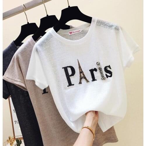 Summer Casual Women T-shirt Paris Letter Hot Diamond Harajuku Girl T Shirts Cartoon Basic Cool Tees Tops