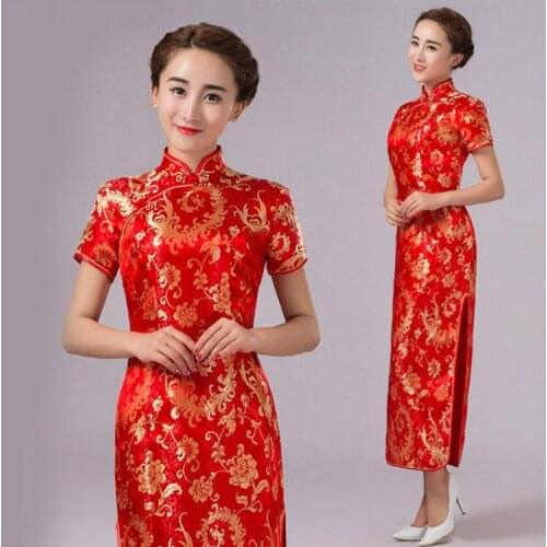Multicolor Women Chinese Long Cheongsam Dress Qipao for Women Lady Vestido Short Sleeve Long Dress