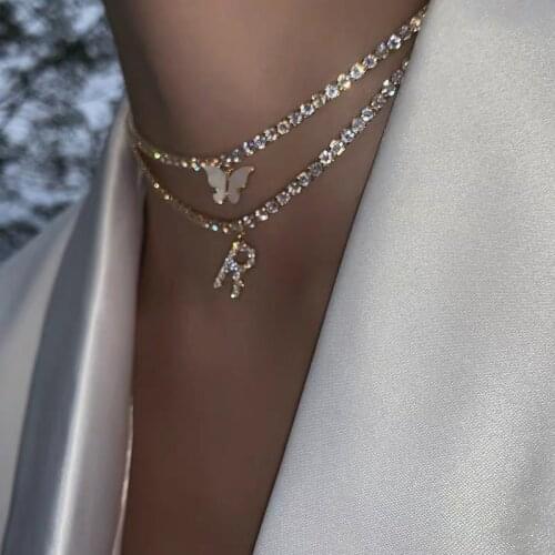 Trendy Shiny Initials Letters A-Z Crystal Chain Necklace For Women Multilayer Butterfly Rhinestone Pendant Necklace Jewelry Gift