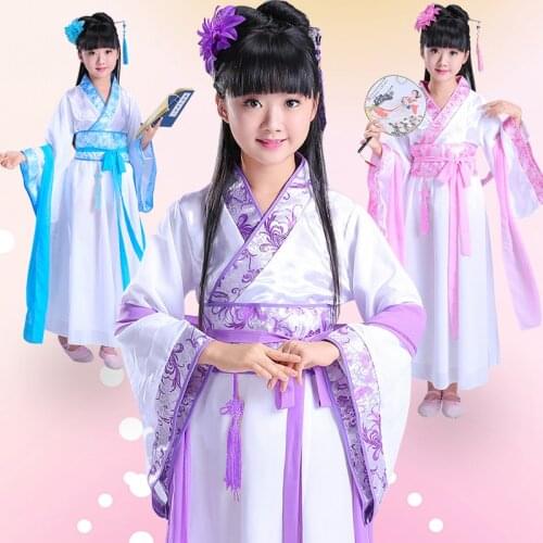 New Chinese Traditional Dress For Kids Girls Blue/Purple/Pink Hanfu Costume Cosplay Tang Suit China Folk Dance Costume DQL1858