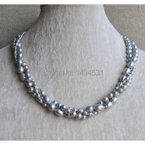 Wholesale Pearl Jewelry - 18 Inches 3 Rows 3-8mm Gray Color Genuine Freshwater Pearl Necklace - Wedding Party Jewelry