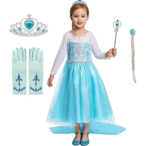 Girls Dresses Snow Queen Elsa Role Playing Frocks Long Sleeve Mesh Dress Kids Carnival Party Cosplay Clothes for Girls