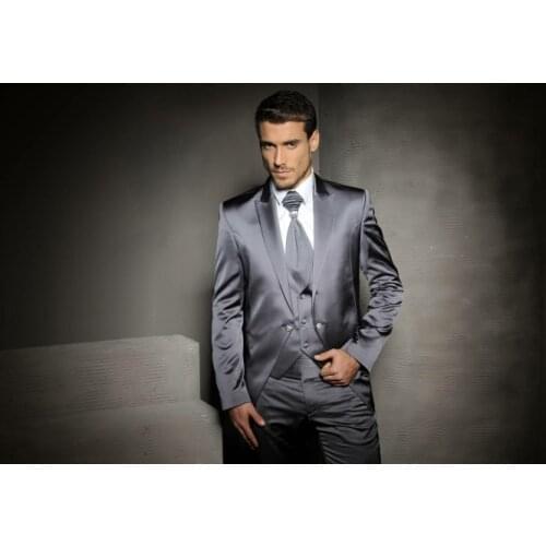 Latest Coat Pant Designs Grey Satin Men Suit Slim Fit Tuxedo 3 Piece Italian Custom Suit Groom Prom Party Blazer Terno Masculino