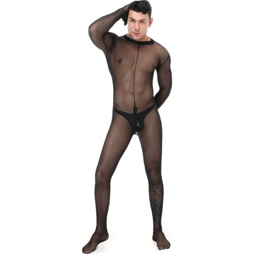 See through Men Vest Full Bodystocking Sexy Ultra-thin Tight Jumpsuit Hight Elastic Mesh Open Zipper Open Crotch Bodysuit