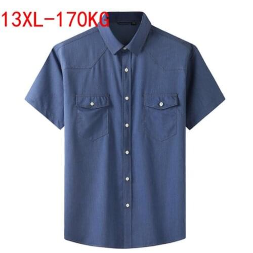 Plus Large Size 13XL 7XL 6XL 4XL Mens Business Casual Short Sleeved Shirt Classic Imitation denim Male Social Dress Shirts Blue