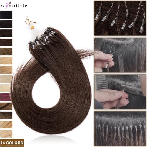 S-noilite 0.5g/s Natural Hair Extensions Human Hair 100Strands Hair Rings Micro Link Micro Loop 14"-24" 50g Hair Loop Extensions