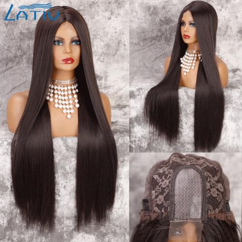 Lativ Long Brown Straight Synthetic Wig Black Wigs for Women Natural Middle Part Wig Heat Resistant Fiber