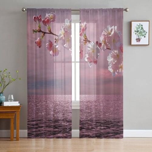 Lake Cherry Blossom Water Surface Pink Dreamy Tulle Curtains for Living Room Decoration Chiffon Sheer Voile Kitchen Curtain