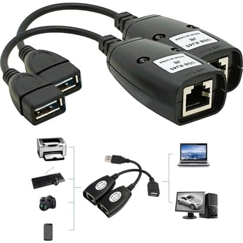 Elisona 2Pcs USB to RJ45 RJ 45 LAN Cable Extension Adapter Extender Over Cat5 RJ45 Cat6 Patch Cord Black Networking Accessories