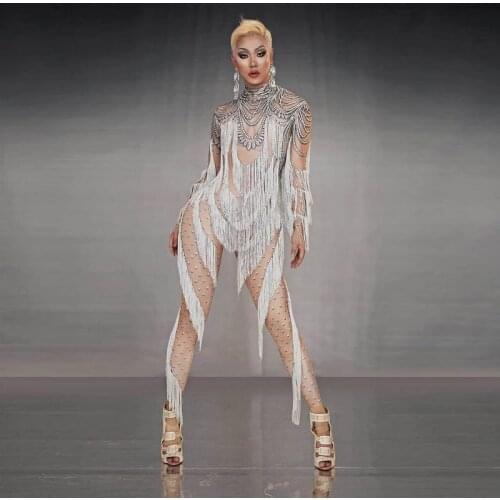 3D Print Fake Rhinestone White Tassel Long Sleeves Jumpsuit Women Dancer Leggings Romper Singer Stage Performance Show Outfit