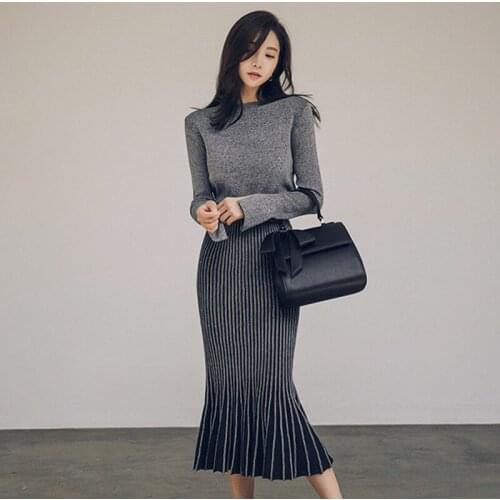 2 Piece Set Autumn Women Suit Grey Purple Knitted Full Sleeve O Neck Top and Mermaid Midi Skirt Two Piece Set Elegant Vestidos