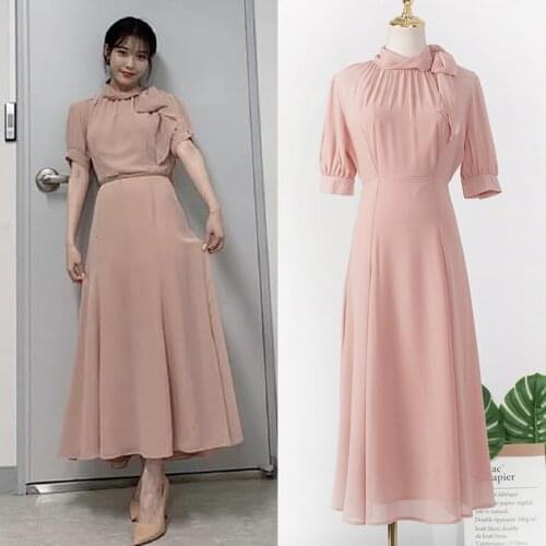 New Arrival Elegant Long Dress Women Dresses Summer IU DEL LUNA Hotel Pink Party Dress With Scarf robe femme YQ409