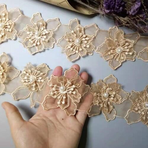 10x Gold 3D Pearl Flower Handmade Beaded Embroidered Fabric Lace Edge Trim Ribbon Double Layers Applique Dress DIY Sewing Craft