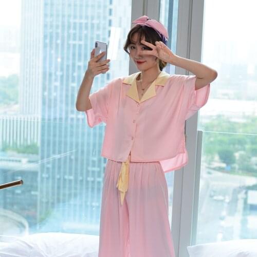 2021 Summer Candy Color Ice Silk Thin Casual Loose Homewear Women Pajama Set Kawaii Pajamas Sleepwear for Women
