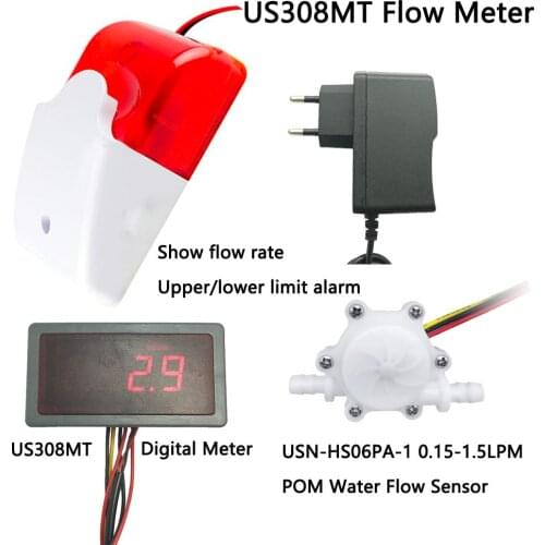 US308MT +USN-HS06PA-1 0.15-1.5L/min flow sensor Flow Meter and Alarmer Flow Rate Display 110dB with Light for Pump protection