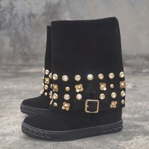 Gothic Winter Black Boots Women Sexy Gold Spike High Calf Booties Female Punk Wedge Boots