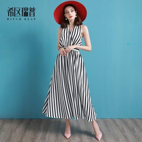 High End Neckline Open Back Sexy Seaside Holiday Dress Temperament Stripe V-Neck Dress WomenS Long Style