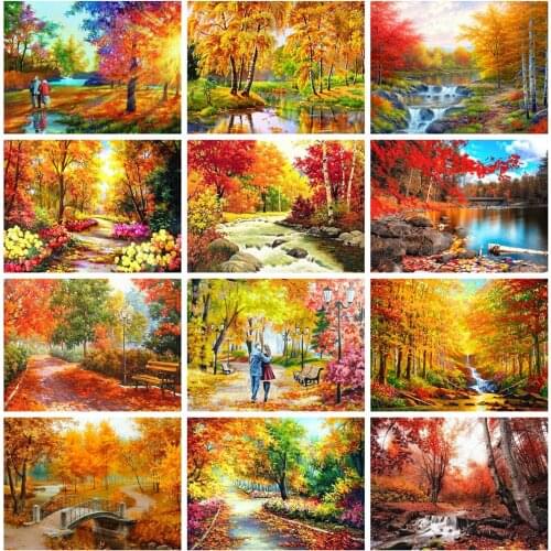 Huacan 5D Diamond Painting fall Full Square&Round Diamond Embroidery Mosaic Landscape Home Decorations