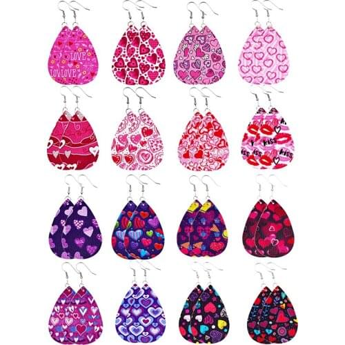 Valentines Day Print Leather Water Drop Earrings New Female Double Layer Love Heart Earrings Fashion Jewelry Gifts Wholesale