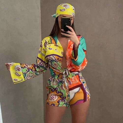 3 Pieces Set Sexy Summer Autumn Fashion Women Set 2021 Female Tops Floral Print Long Sleeve Shirt And Elastic Waist Shorts Scarf