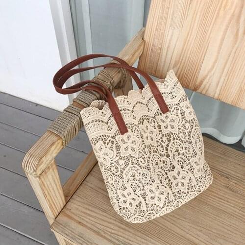 Lace Shoulder Bag for Women 2021 Summer New Big Capacity Foldable Beach Travel Tote Bag Elegant Lady Purse Bucket Bag Handbag