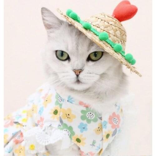 Pet Cat Dog Summer Woven Sun Hat with Cute Heart Shape Decoration Beach Party Straw Cap for Outdoor Pet Cool Supplies, 4 Colors