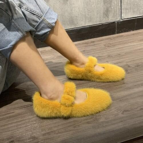 Fashion women real mink fur flat shoes ladies fur flat sandals